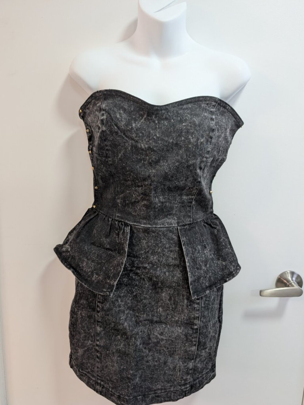 NEW Strapless Black Denim Peplum Mini Dress